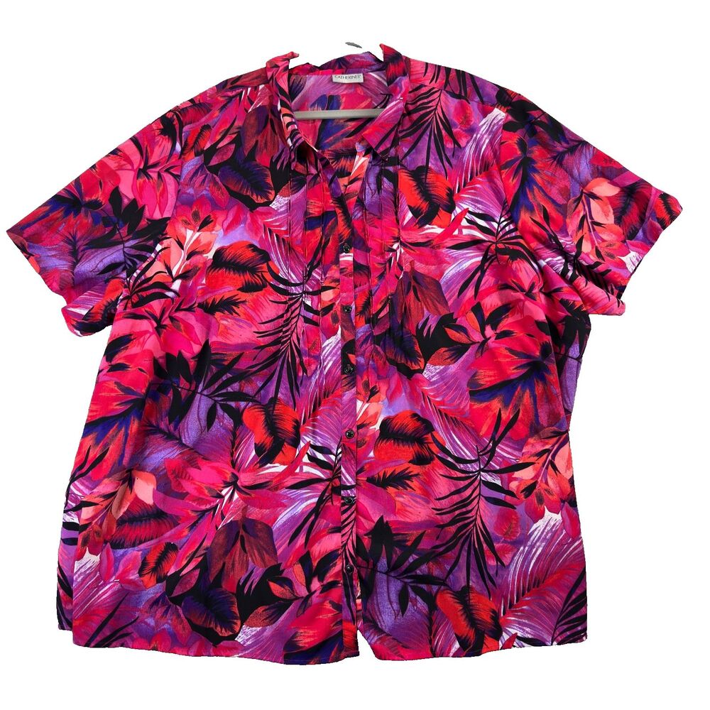 Catherines Shirt Womens 5X Red Purple Floral Tropical Hawaiian Button Up Plus